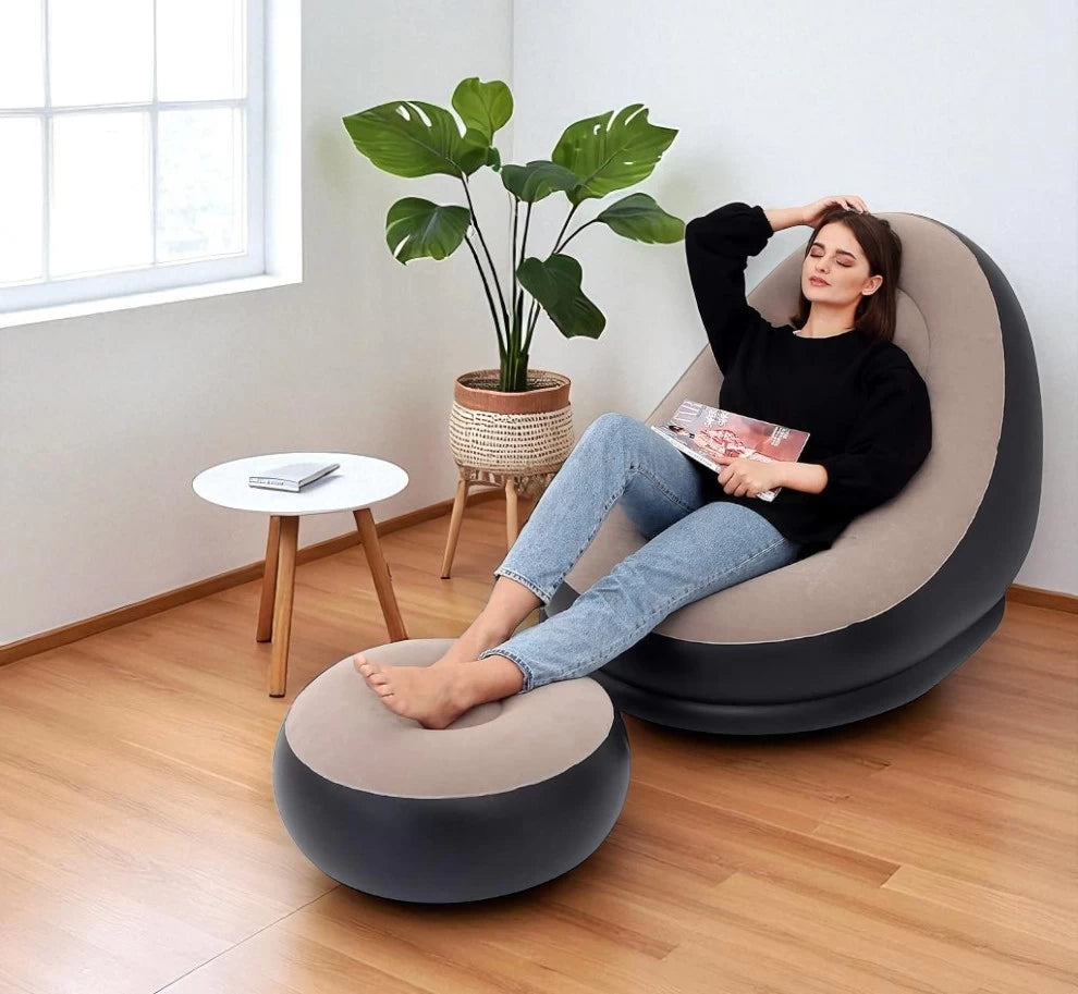 Inflatable Lazy Sofa Chair with Footstool – Ergonomic, Portable & Ultra Comfortable